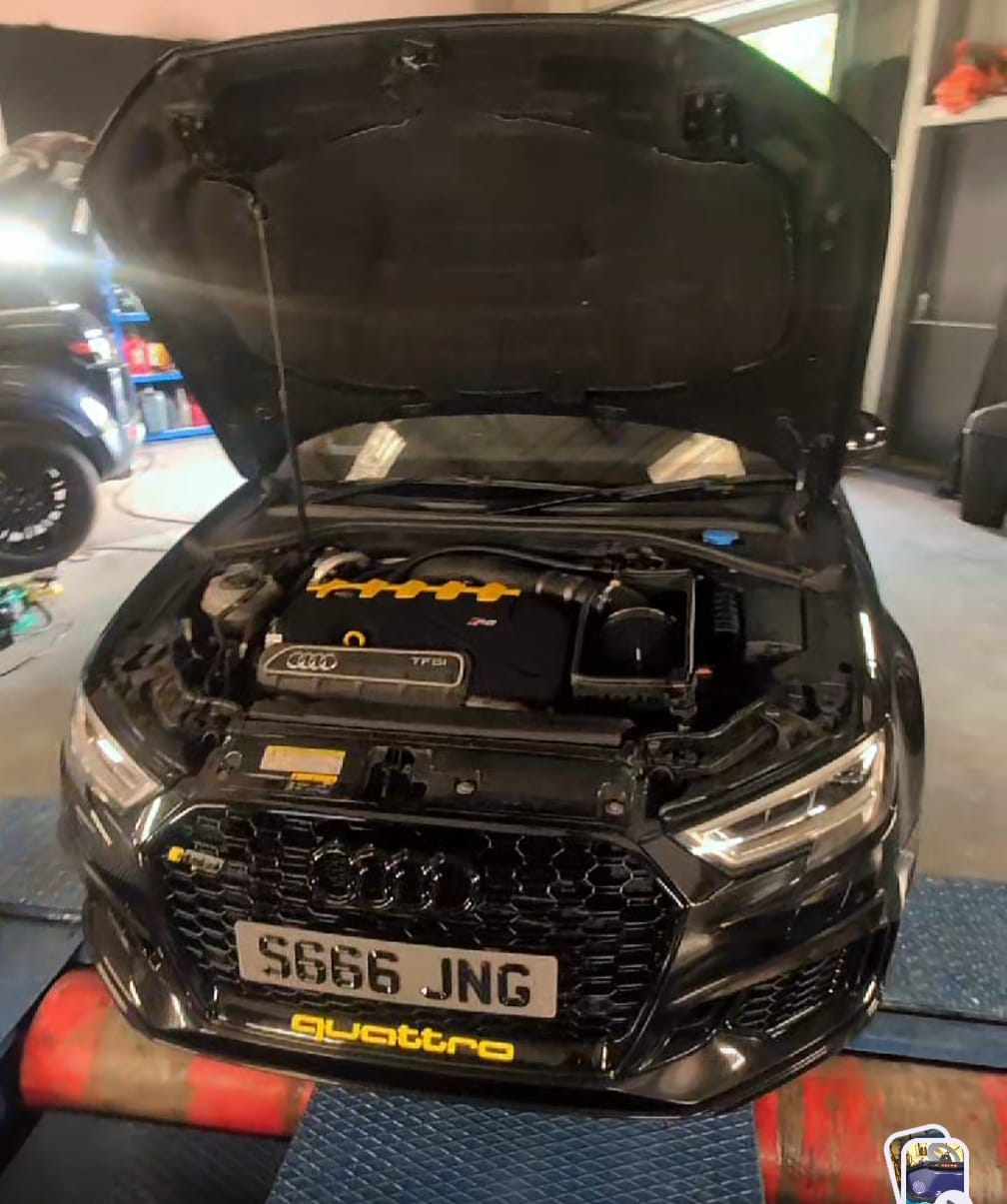 Audi RS3 engine bay during a remap at EC Performance